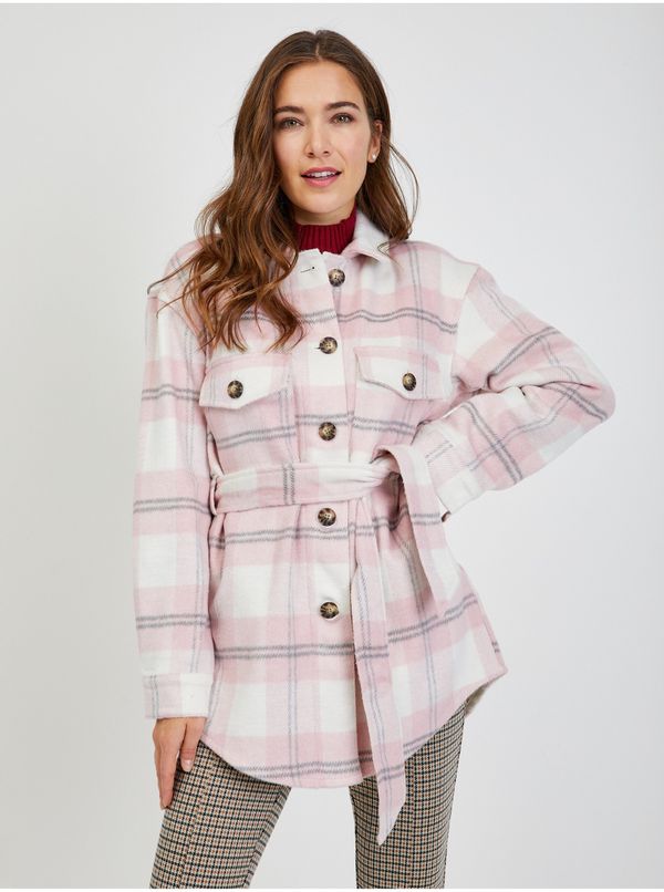 Orsay White-pink ladies plaid shirt jacket with tie ORSAY - Ladies