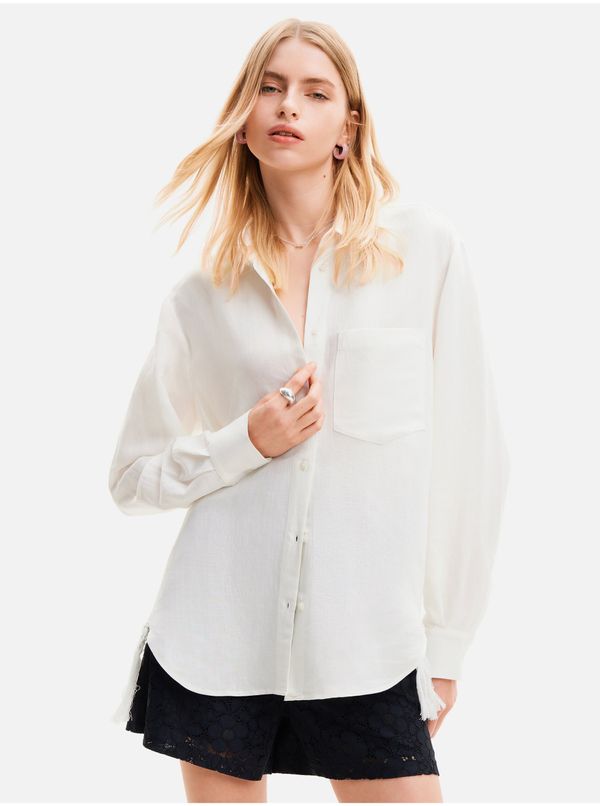DESIGUAL White Women's Oversize Shirt with Linen Blend Desigual Fringes - Women