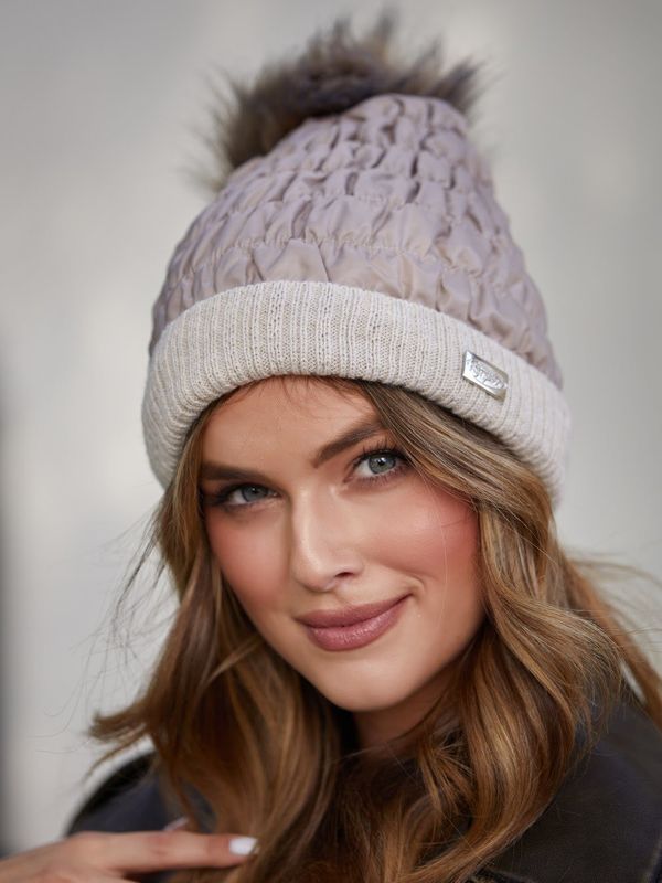 FASARDI Winter nylon beanie with pompom, beige