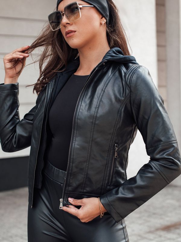 DStreet Women&#039;s leather jacket with hood REBELLO black Dstreet