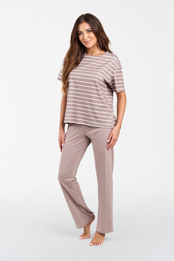 Italian Fashion Women's Betty pyjamas, short sleeves, long trousers - cappuccino/cappuccino print