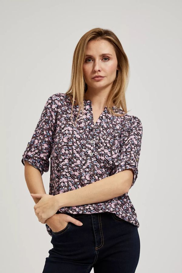 Moodo Women's blouse MOODO - navy blue, floral pattern