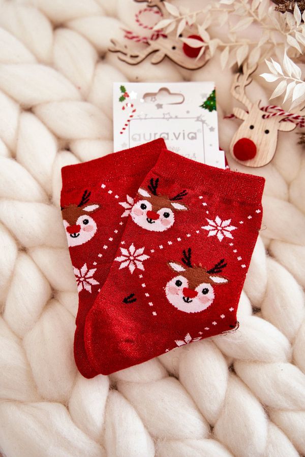 Kesi Women's Christmas socks shiny reindeer Red
