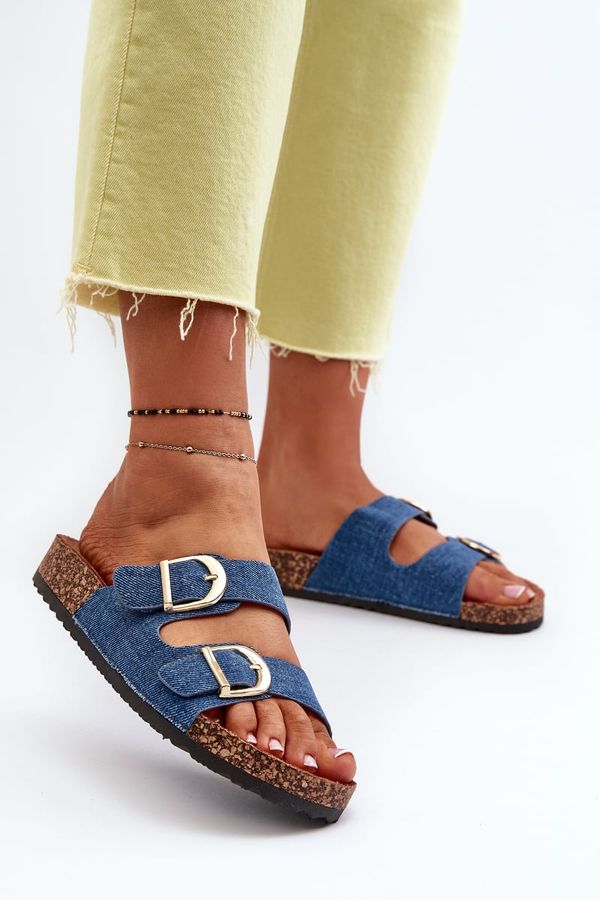 Kesi Women's denim slippers on a cork platform with straps, dark blue Doretta