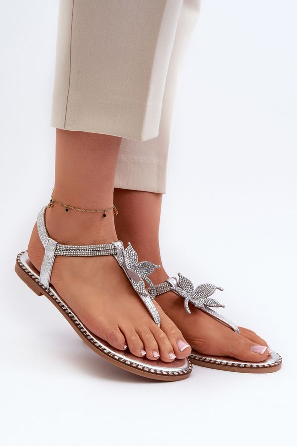 Kesi Women's flat sandals with decorative flower Silver Edoni
