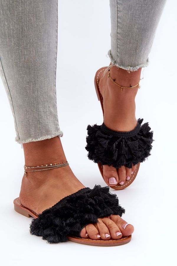 Kesi Women's flat slippers with fringe, black Rialle
