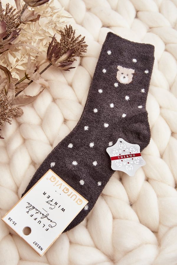 Kesi Women's insulated socks with polka dots and teddy bears, dark grey