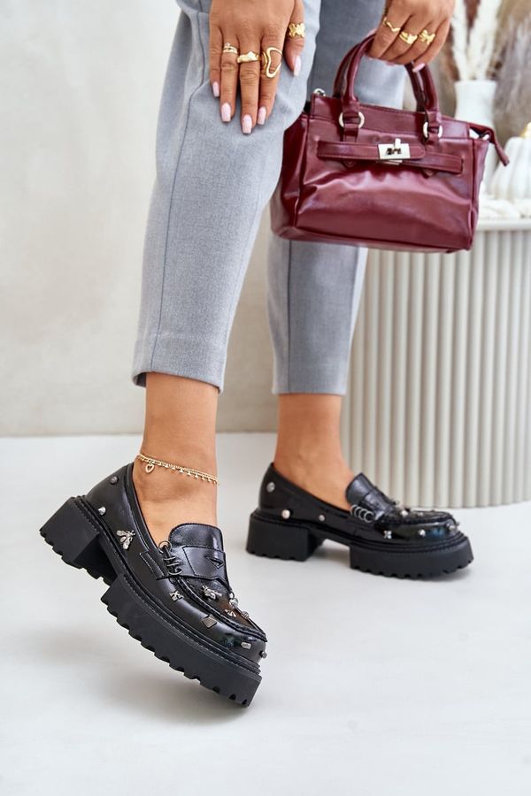 S. BARSKI Women's Leather Patent Leather Low Shoes with Decorations D&A Black