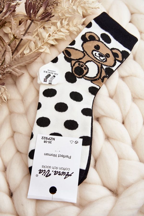 Kesi Women's mismatched socks with teddy bear, white and black