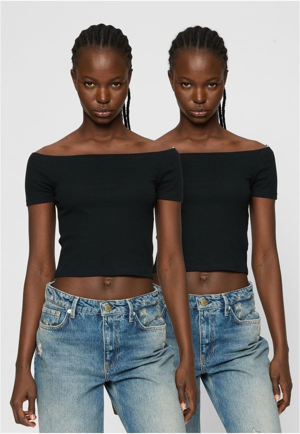 Urban Classics Women's Organic Off Shoulder Rib T-Shirt - 2 Pack Black+Black