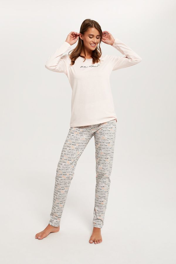 Italian Fashion Women's pajamas Karla, long sleeves, long legs - salmon pink/print