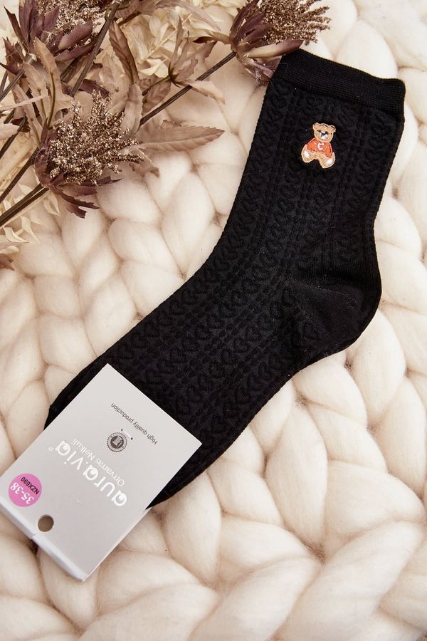 Kesi Women's patterned socks with teddy bear, black
