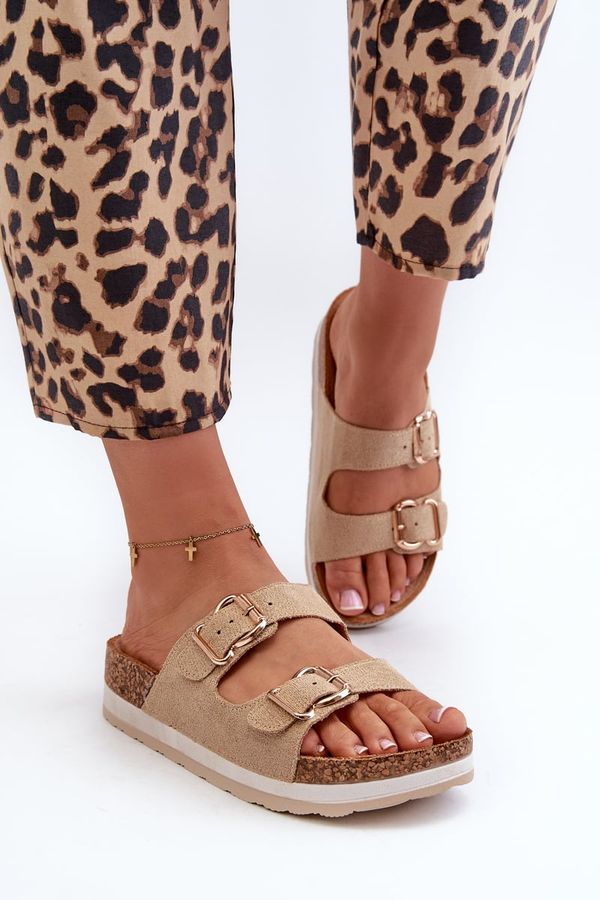Kesi Women's platform slippers with buckles, beige Eco Suede Ursila