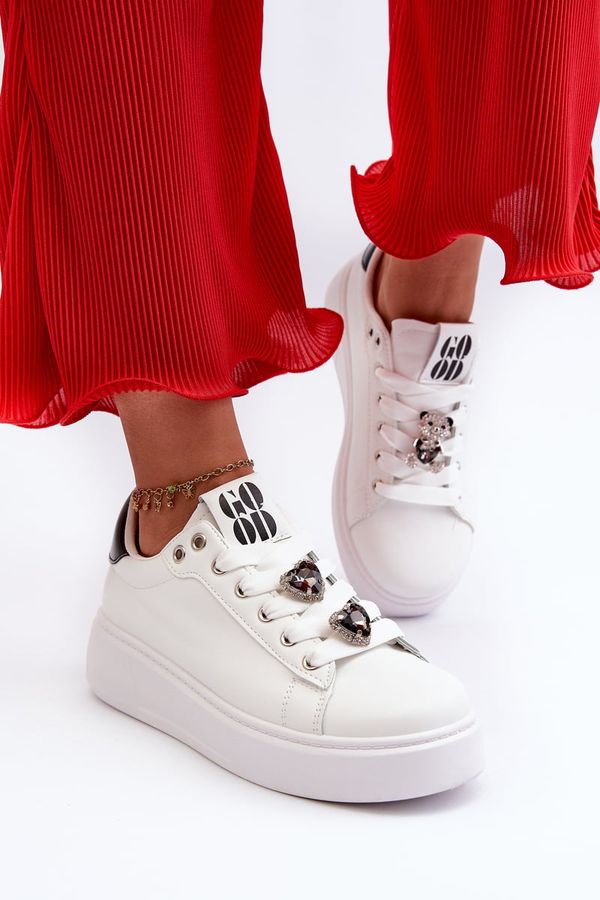 Kesi Women's Platform Sneakers with Heart Pins, White Azamia