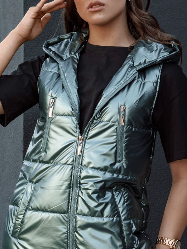 DStreet Women's quilted vest with hood long MERIS dark green Dstreet