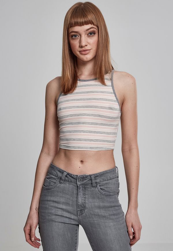 UC Ladies Women's Rib Stripe Cropped Top Pink/White/Grey