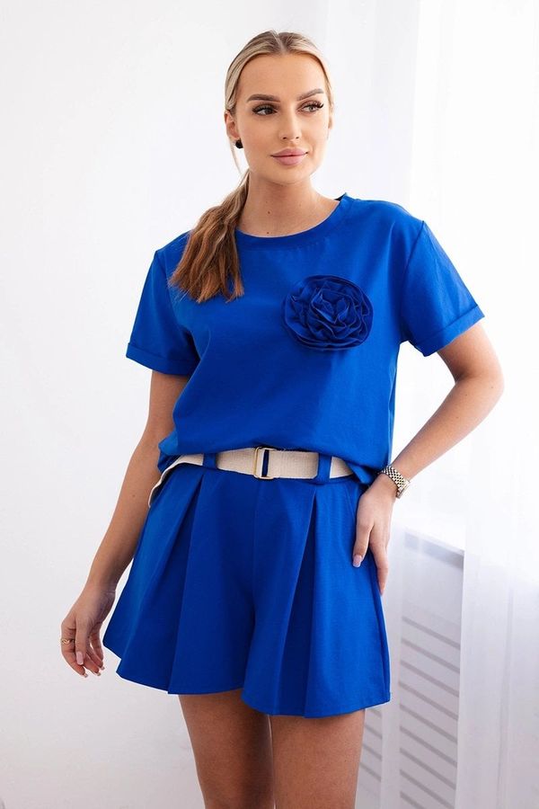 Kesi Women's set with decorative floral blouse + shorts - cornflower blue