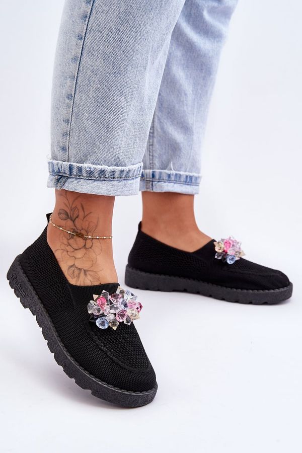 Kesi Womens Slip-on Sneakers with Stones Black Simple