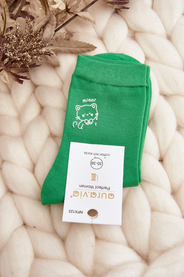 Kesi Women's smooth socks with a kitten, green