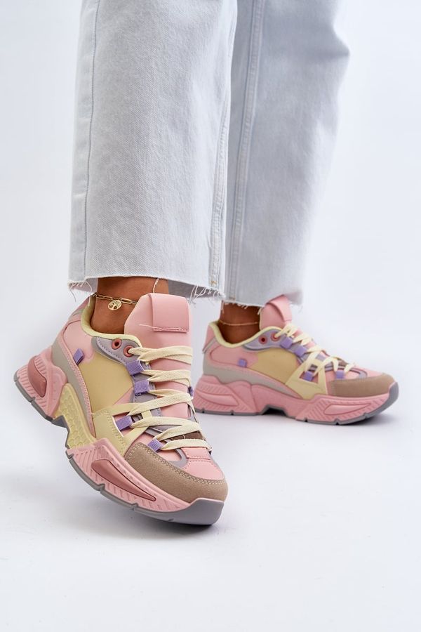 Kesi Women's sneakers with thick soles, pink and yellow Peonema