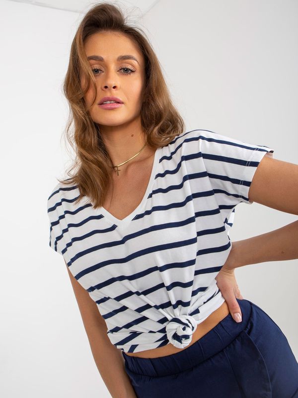 Fashionhunters Women's striped T-shirt in white and navy blue with a V-neck