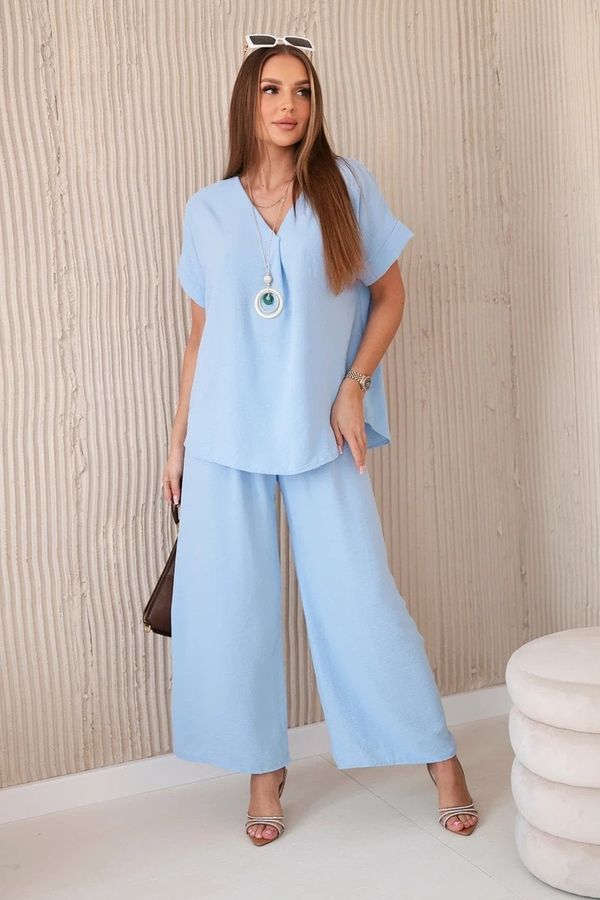 Kesi Women's Summer Set with Necklace Blouse + Trousers - Light Blue