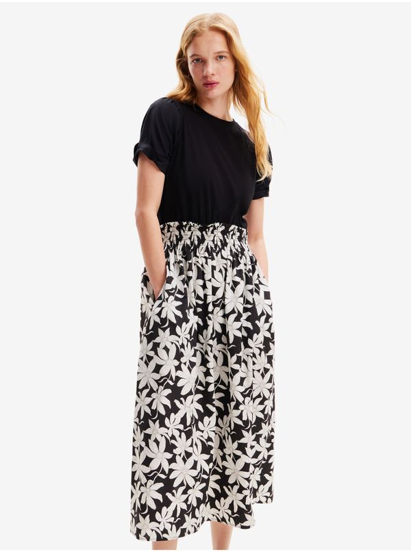 DESIGUAL Women's White and Black Floral Midi Dress Desigual Marlon - Women