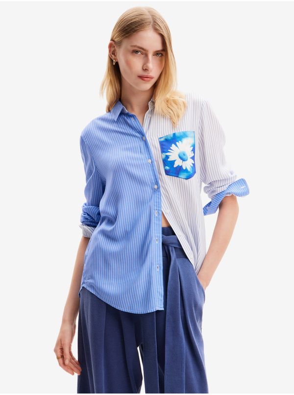 DESIGUAL Women's White and Blue Striped Shirt Desigual Flower Pocket - Women
