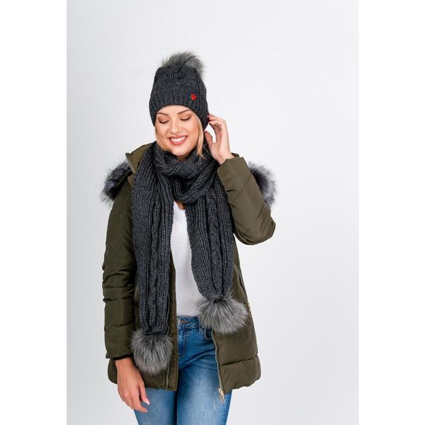 Kesi Women's winter set cap + scarf with pompoms - dark gray,