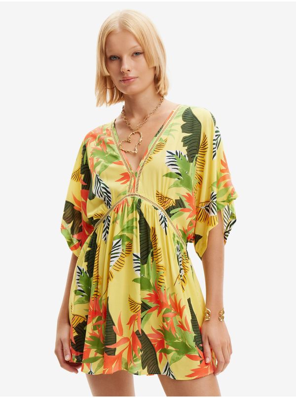 DESIGUAL Women's Yellow Floral Beach Dress Desigual Top Tropical Party - Women