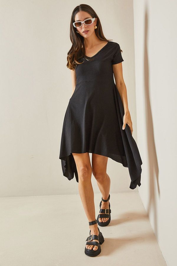 XHAN XHAN Black Asymmetric V-Neck Knitted Mini Dress