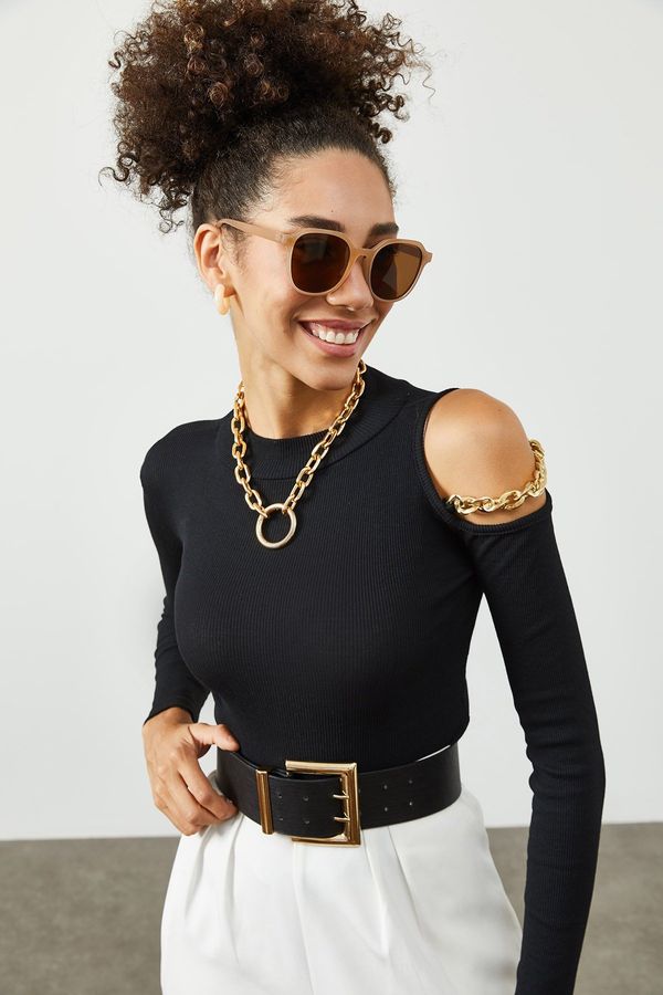 XHAN XHAN Women's Black Camisole Blouse with Decollete & Chain Detail