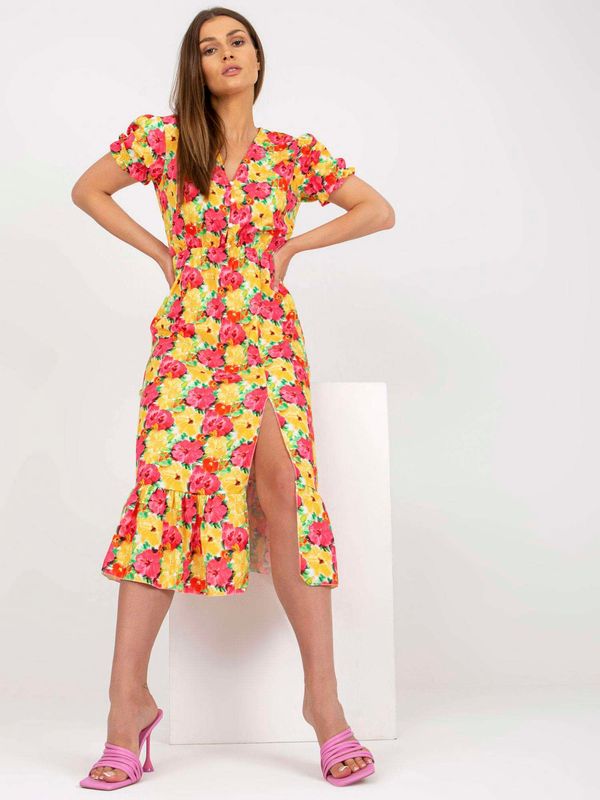 Fashionhunters Yellow floral midi dress with slit