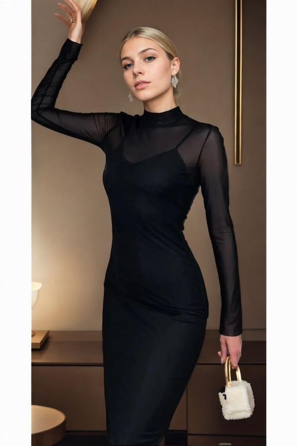 dewberry Z2277 Dewberry Womens Black Lined Half Turtleneck Dress-BLACK