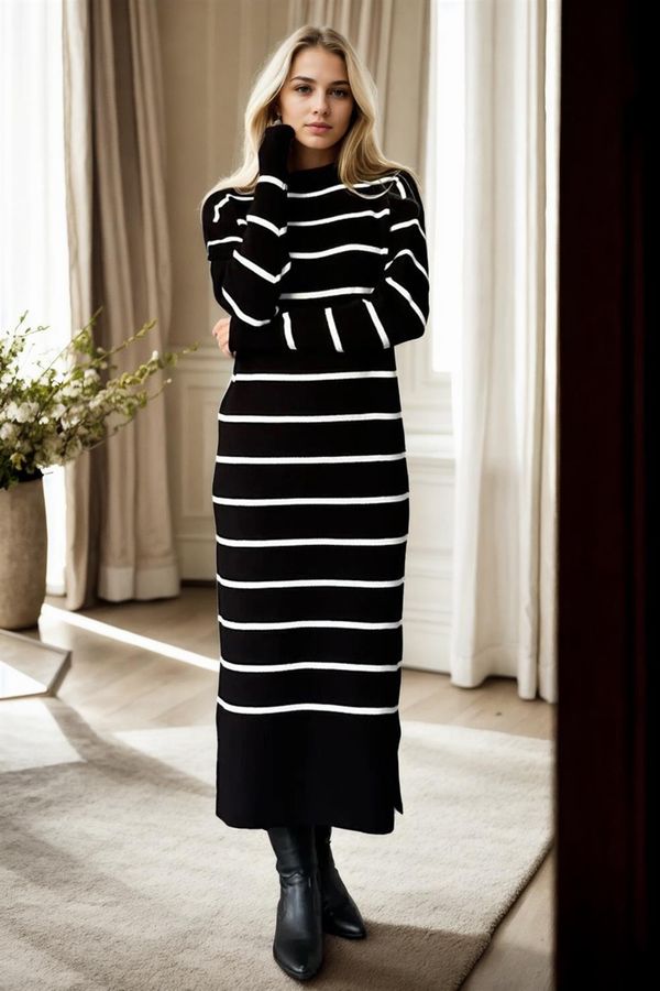 dewberry Z3059 Dewberry Womens Striped Long Sleeve Knitwear Dress-BLACK