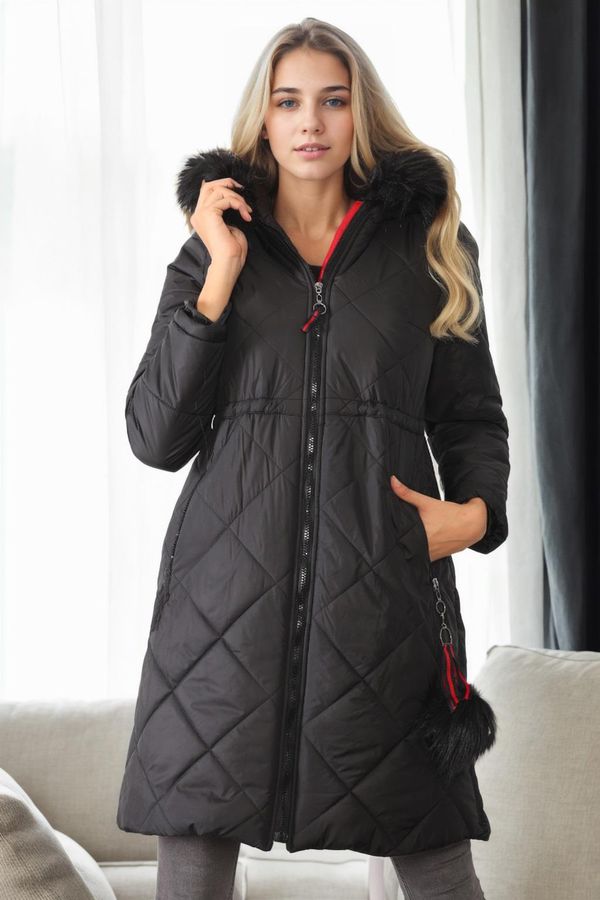 dewberry Z6646 DEWBERRYN FUR POMPOM LADIES' COAT-BLACK-1