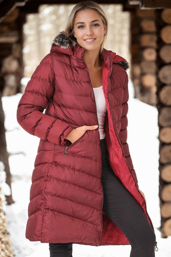 dewberry Z6690 DEWBERRY FUR HOODED LADIES' COAT-LIGHT BURGUNDY