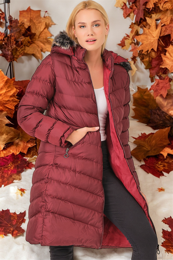 dewberry Z6690 DEWBERRY FUR HOODED LADIES' COAT-PLAIN BURGUNDY