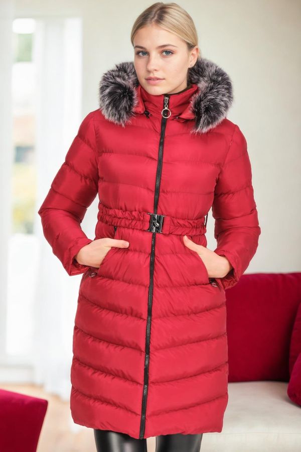 dewberry Z6690 DEWBERRY FUR HOODED WOMEN'S COAT-RED-1