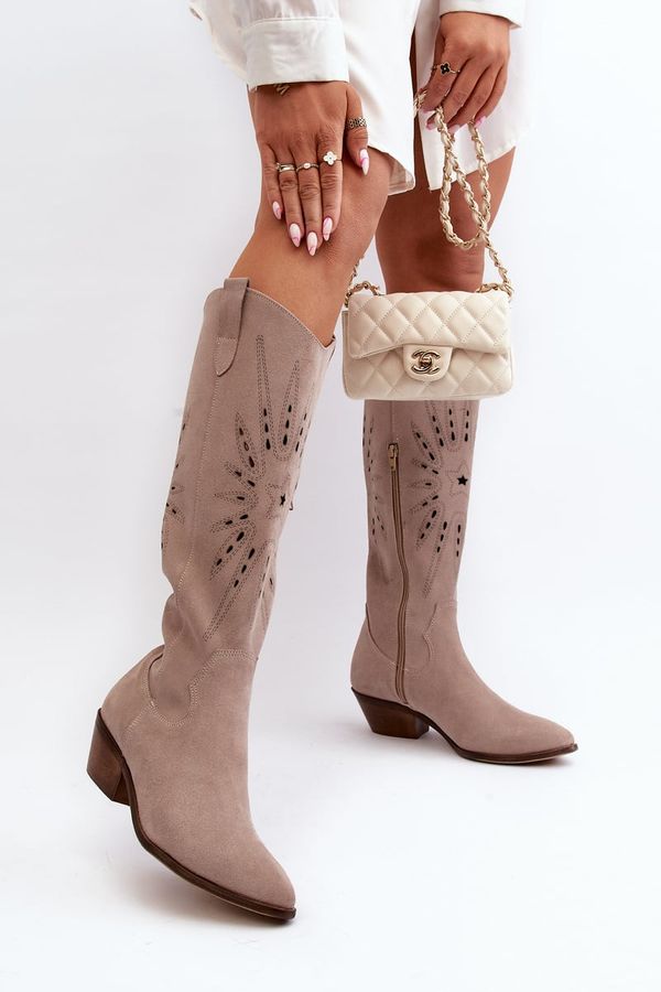 Zazoo Zazoo 2909 Suede Cutout Boots with Low Heel Beige