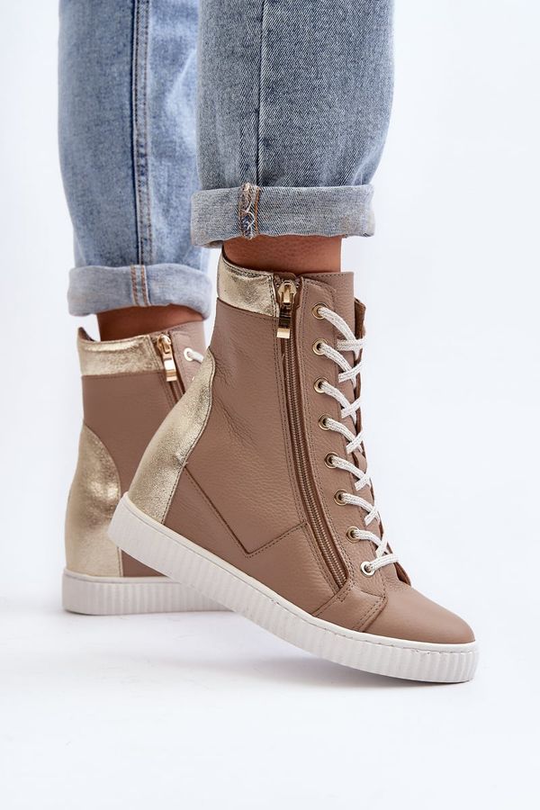 Zazoo Zazoo 3081 Women's Leather Wedge Sneakers Beige