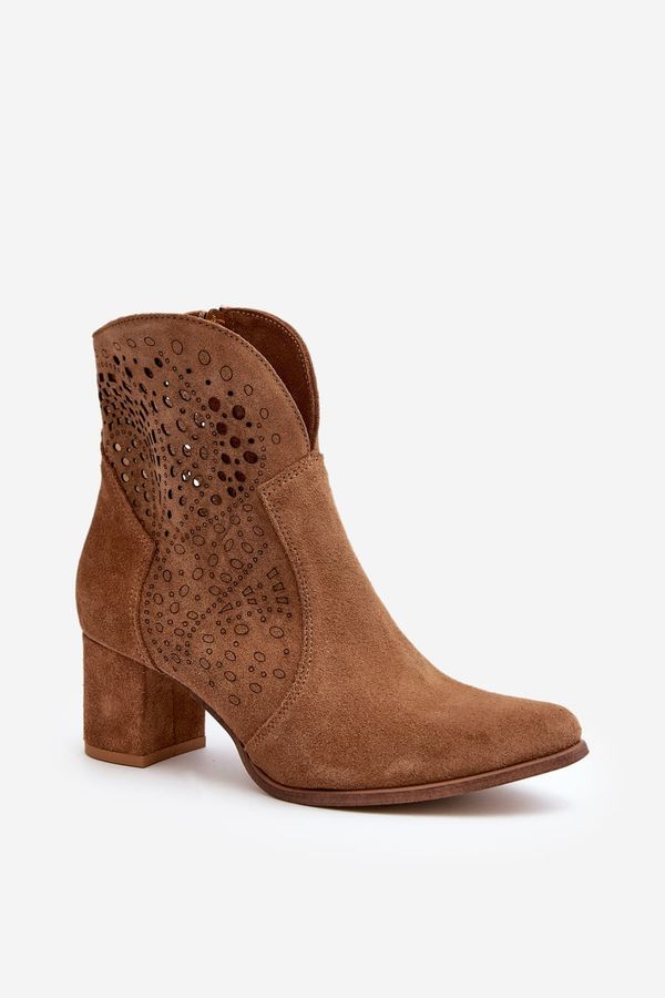 Zazoo Zazoo 3166 Women's Perforated Boots On Heel Suede Camel