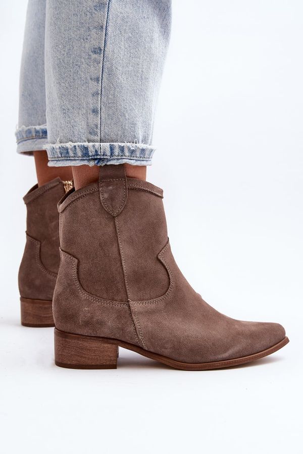 Zazoo Zazoo 3329 Suede Cowboy Ankle Boots Low Heel Dark Beige