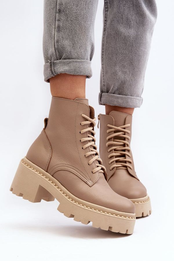 Zazoo Zazoo 3413 Women's Leather Ankle Boots with Chunky Heel Beige