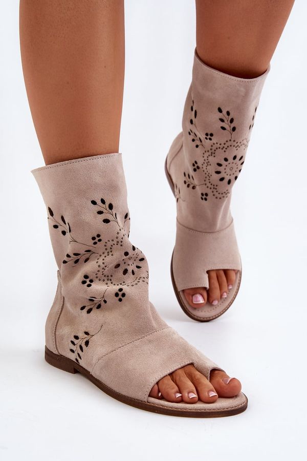 Lewski Shoes Zazoo 3437 Women's Suede Sandals With Zipper Beige