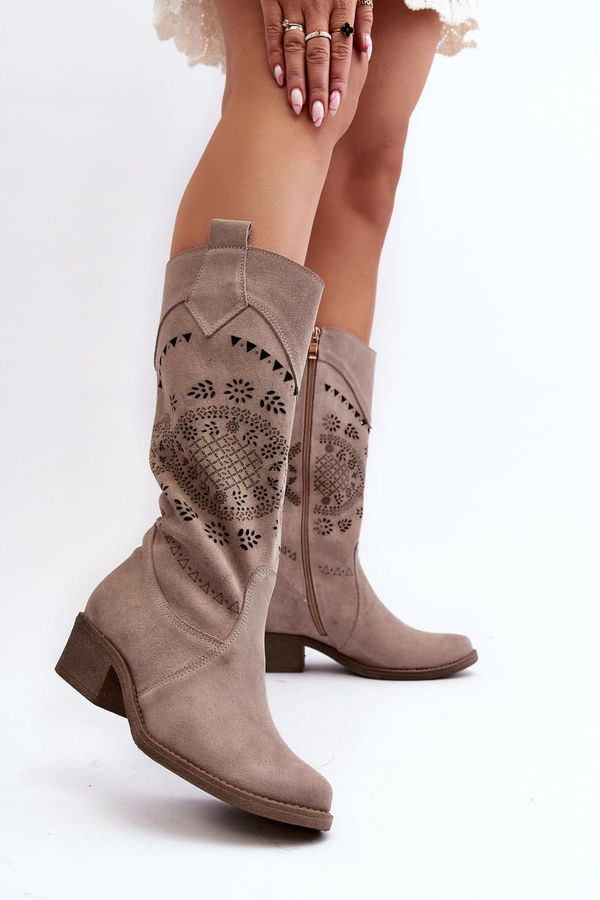 Zazoo Zazoo 4043 Suede Low Heel Lattice Boots Cappucino