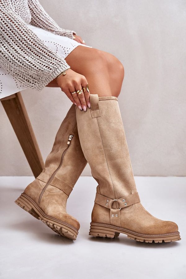 Zazoo Zazoo Women Suede Knee High Boots Beige Lewski 3615