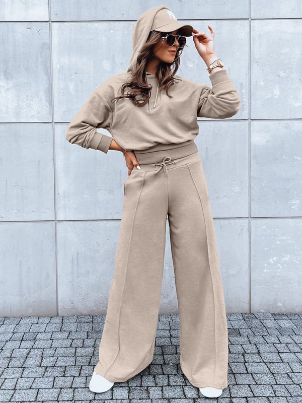 DStreet Zestaw damski spodnie wide led i bluza GALAXY GLOW ciemnobeżowy Dstreet